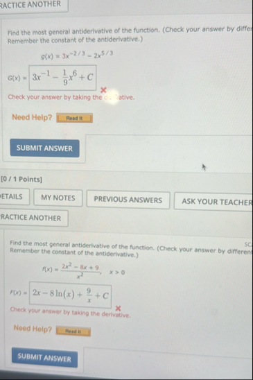 Find the most general antiderivative of the