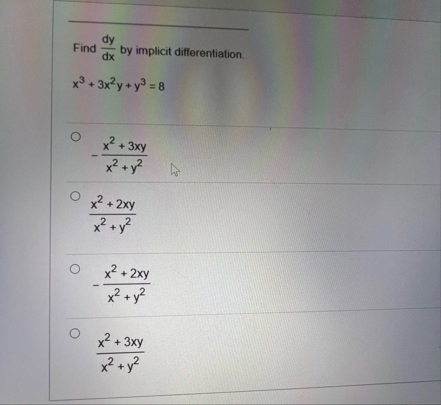 Find d y d x by implicit differentiation. x 3 3 x