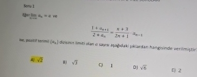 Soru 1 Eper lim n m a n = a ve 1 + a n + 1 2 + a