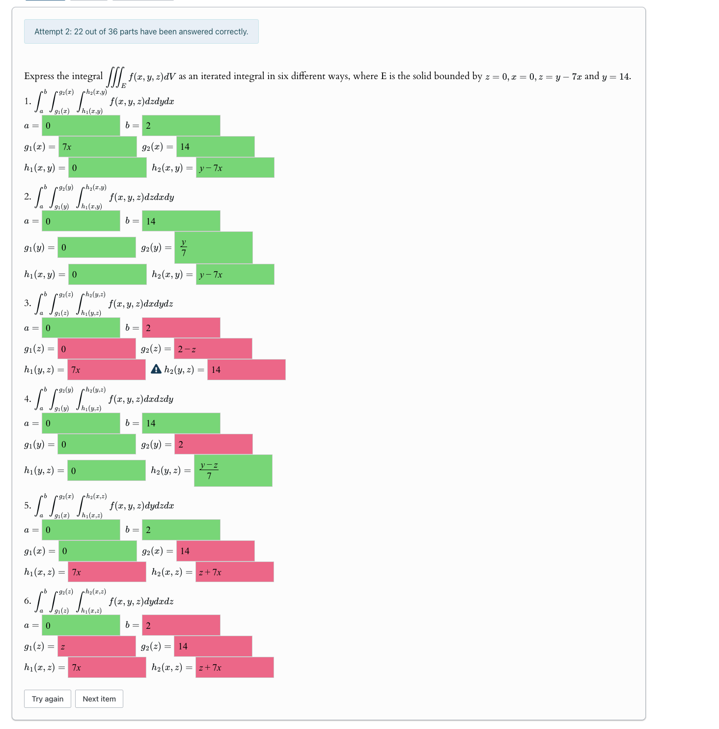 Express the integral E f ( x , y , z ) d V a s a