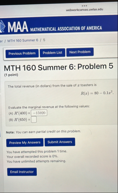 webworkcanvas.uwlax.edu MAA MATHEMATICAL
