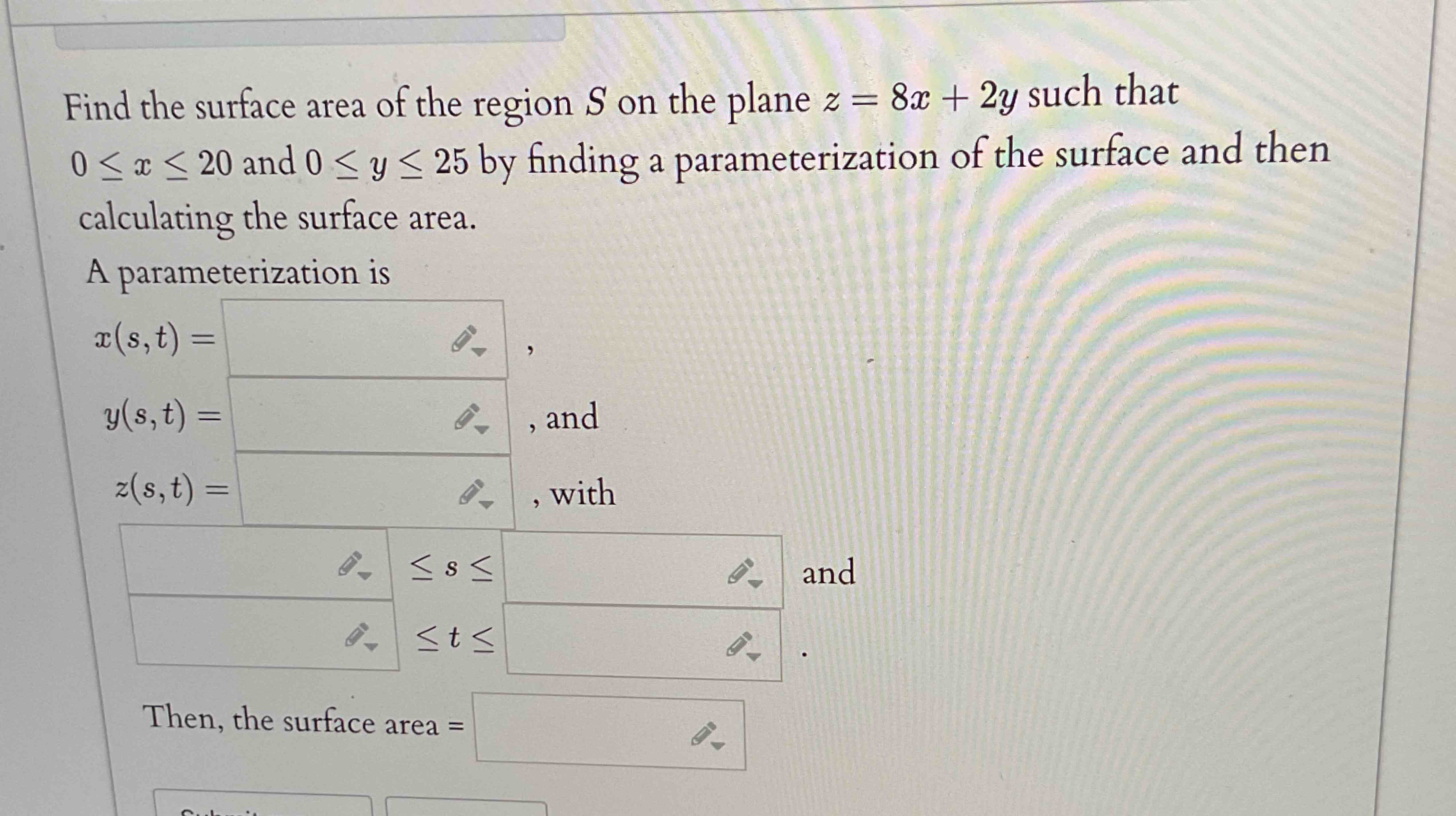 Find the surface area o f the region S o n the