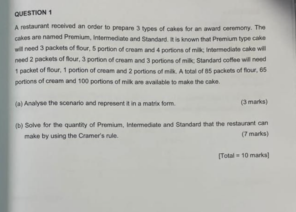 QUESTION 1 A restaurant received an order to
