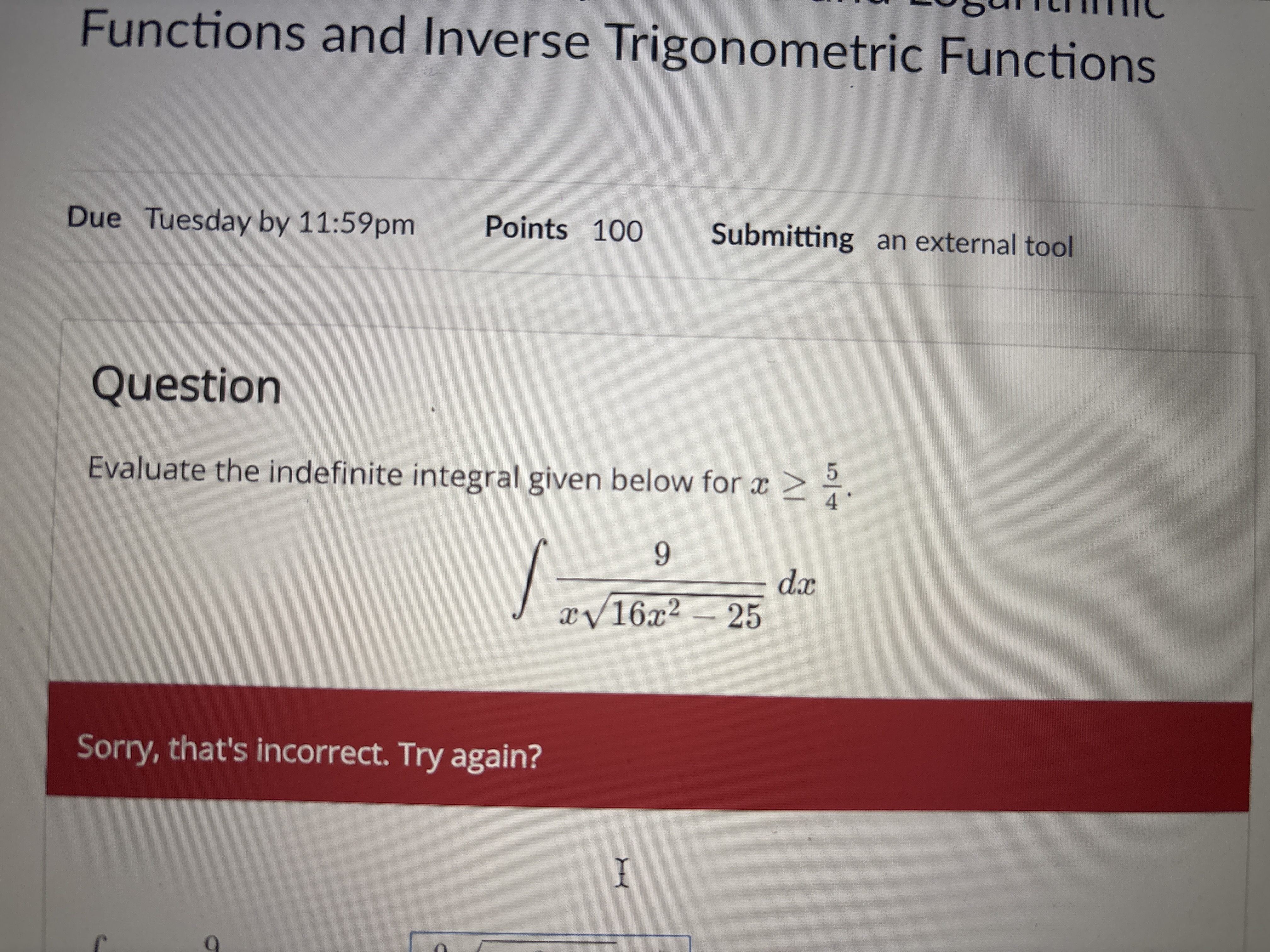 Functions and Inverse Trigonometric Functions Due