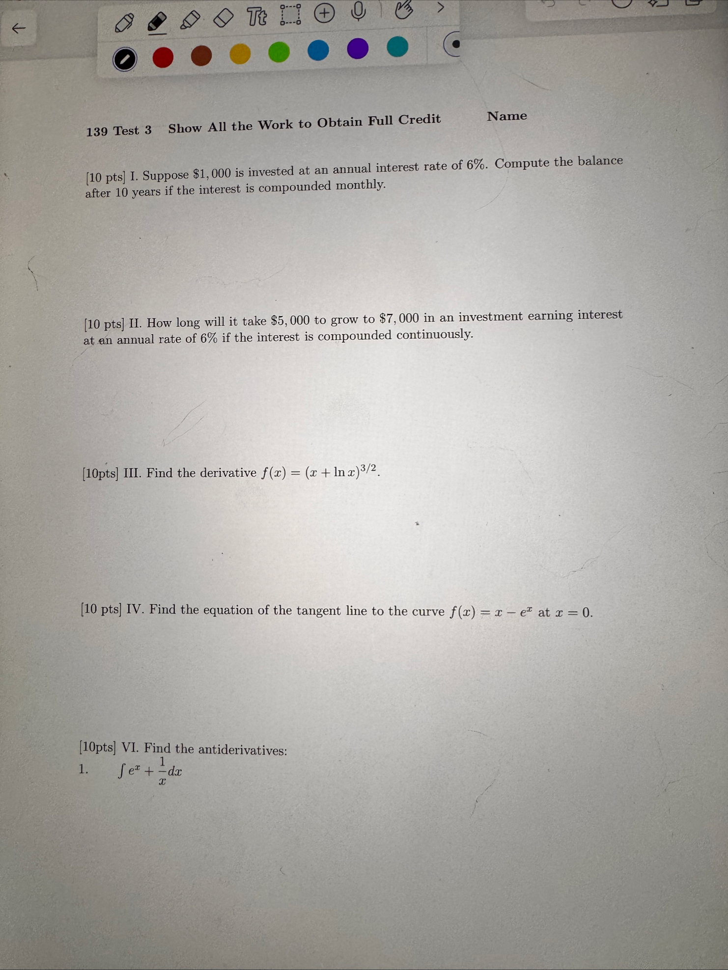 1 3 9 Test 3 Show All the Work to Obtain Full