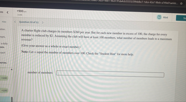 + 9 0 0 p t s / 1 1 0 0 Hint Question 1 0 of 1 1