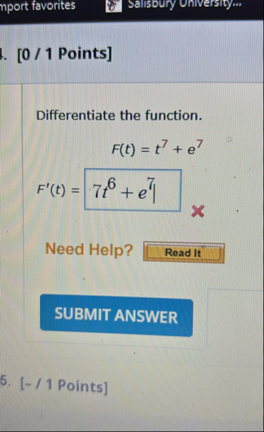 [ 0 / 1 Points ] Differentiate the function. F (