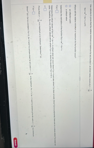 Use calculus to prove that the relative minimum