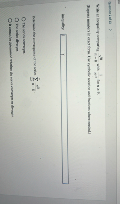 Question 2 of 1 3 Write an inequality comparing n