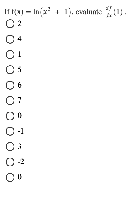 I f f ( x ) = l n ( x 2 + 1 ) , evaluate d f d x