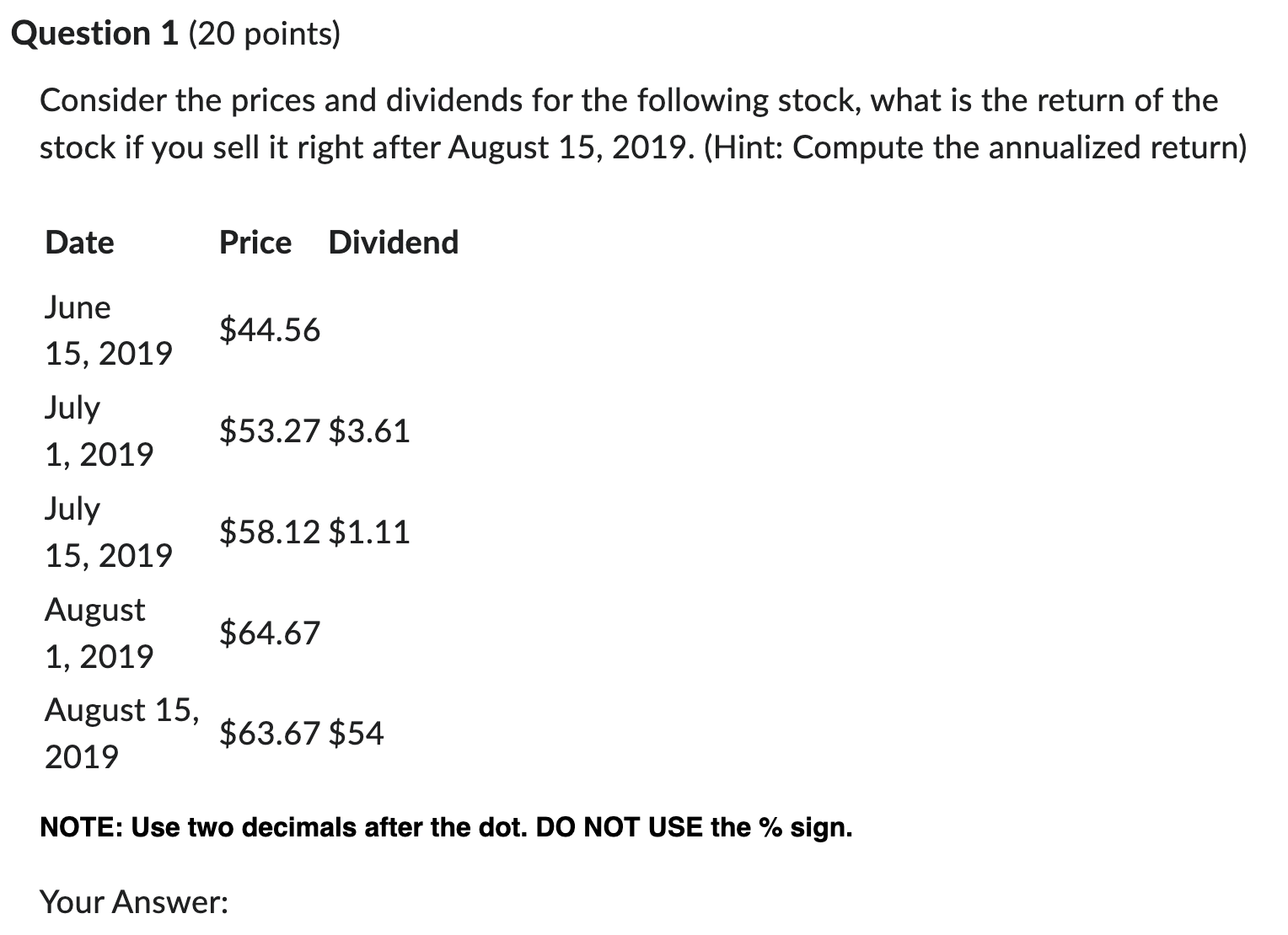 Question 1 ( 2 0 points ) Consider the prices and