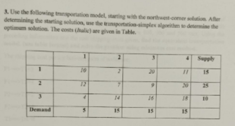 3 . Use the following transportation model,