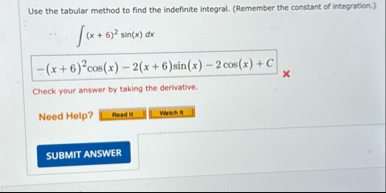 Use the tabular method to find the indefinite