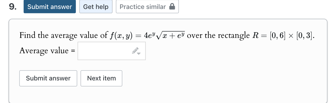 Find the average value o f f ( x , y ) = 4 e y x