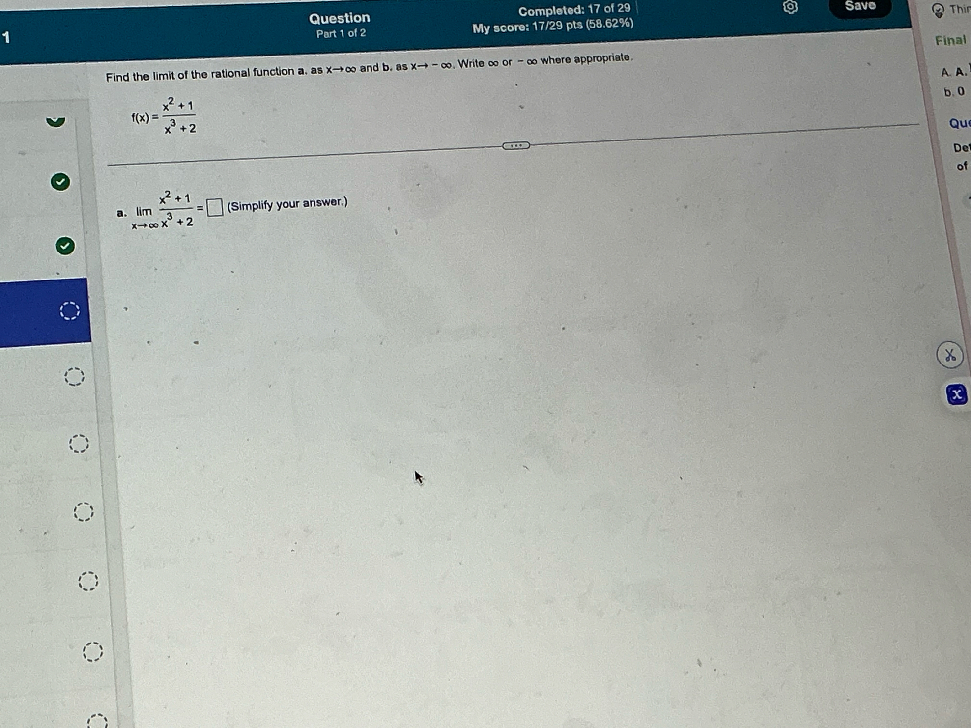 Question Completed: 1 7 of 2 9 Save 1 Part 1 of 2