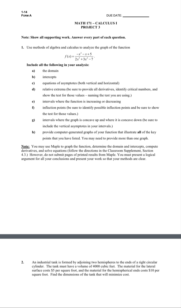 1 - 1 4 Form A DUE DATE: MATH 1 7 1 - CALCULUS I
