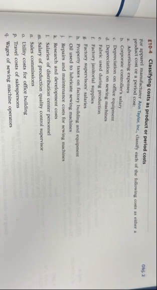 E 1 0 - 4 Classifying costs as product or period