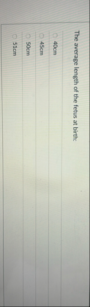 The average length of the fetus at birth: 4 0 cm