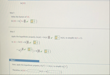 l n ( 2 0 ) Stipp 1 Wile the factors of 2 0 . l n