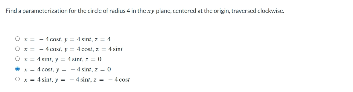 Find a parameterization for the circle o f radius