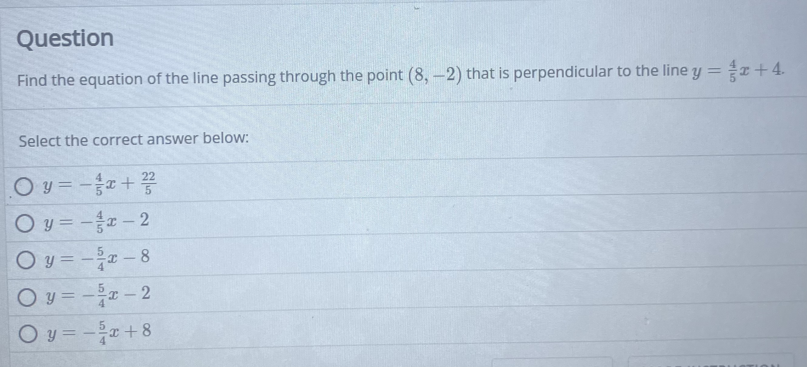 Question Find the equation o f the line passing