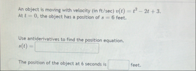 An object is moving with velocity ( in f t s e c