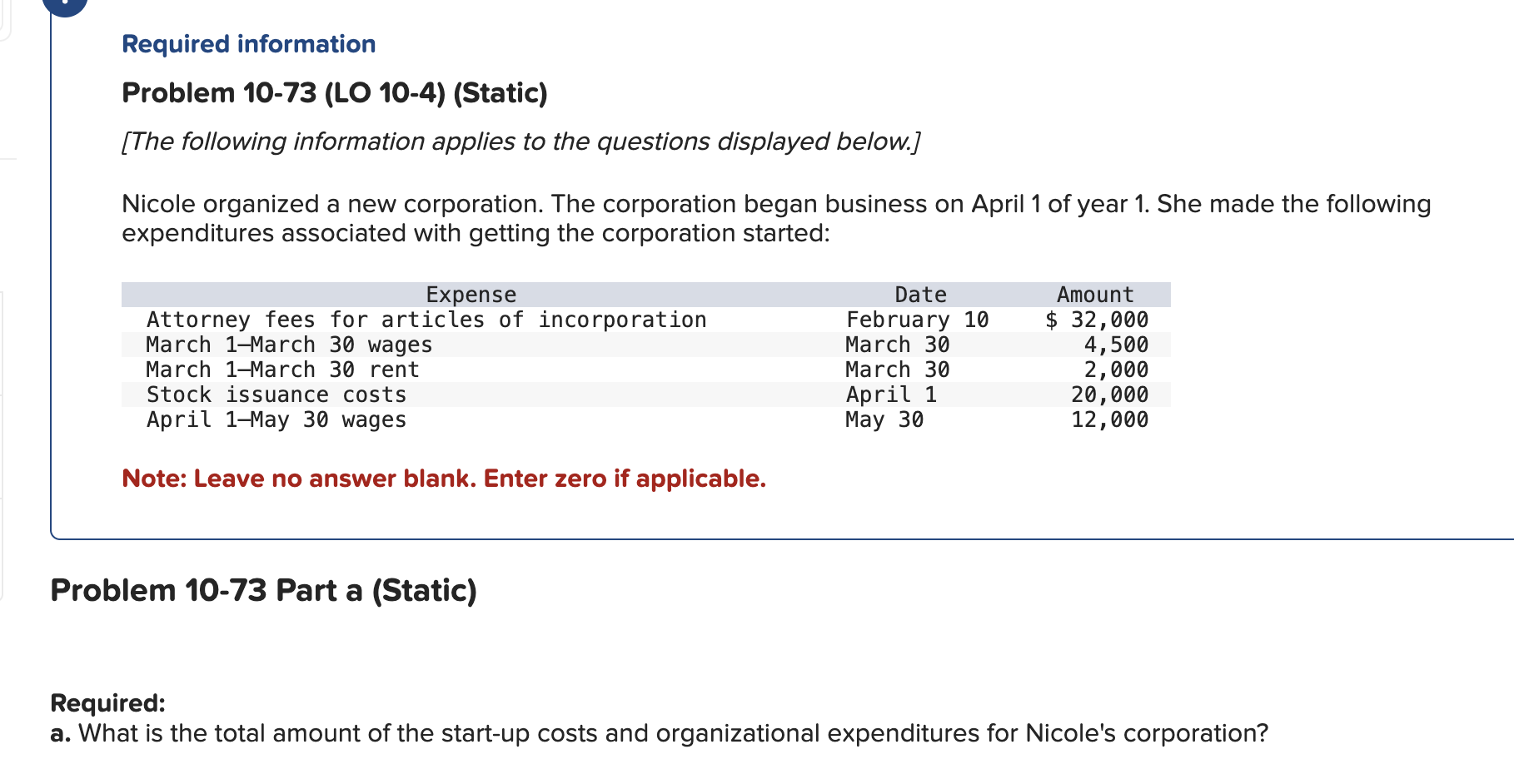 Required information Problem 1 0 - 7 3 ( LO 1 0 -