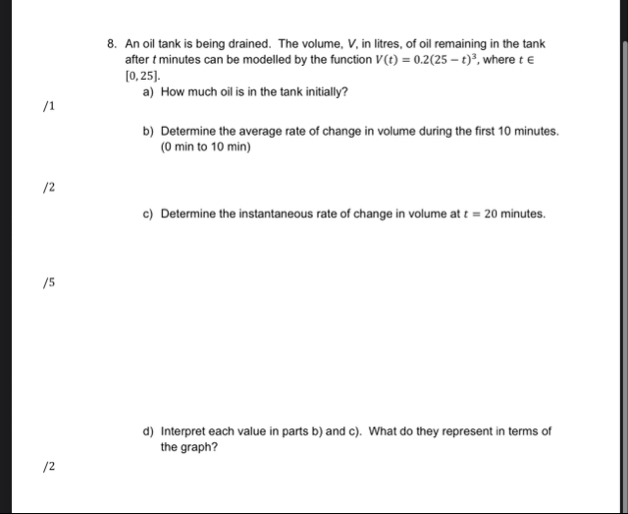 An oil tank is being drained. The volume, V , in