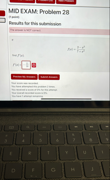 MID EXAM Problem 2 8 1 point Results for this