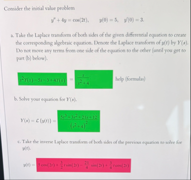 Consider the initial value problem y ' ' 4 y = c