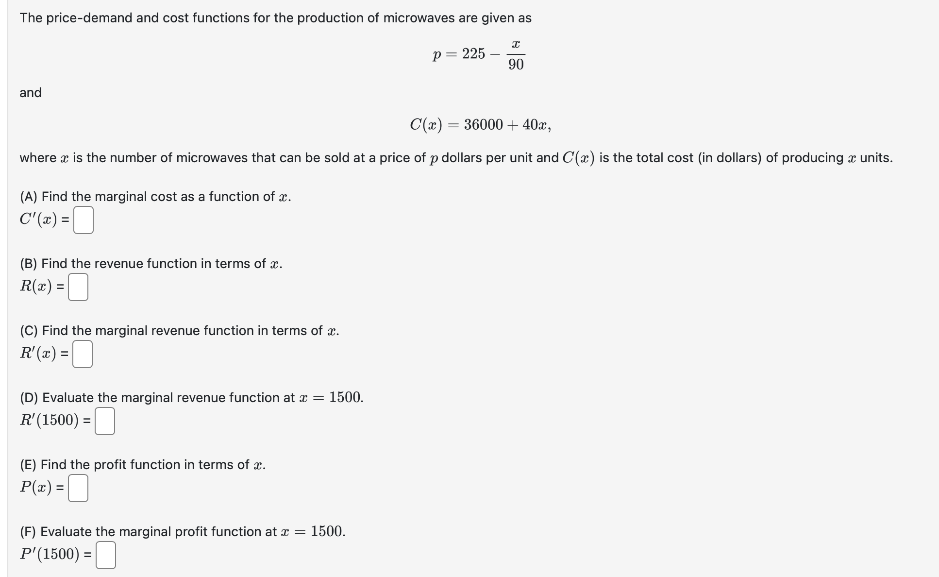 The price - demand and cost functions for the