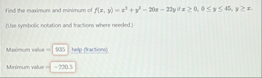 Find the maximum and minimum of f ( x , y ) = z 2
