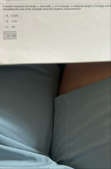 A student measures the length, x , and width, y ,