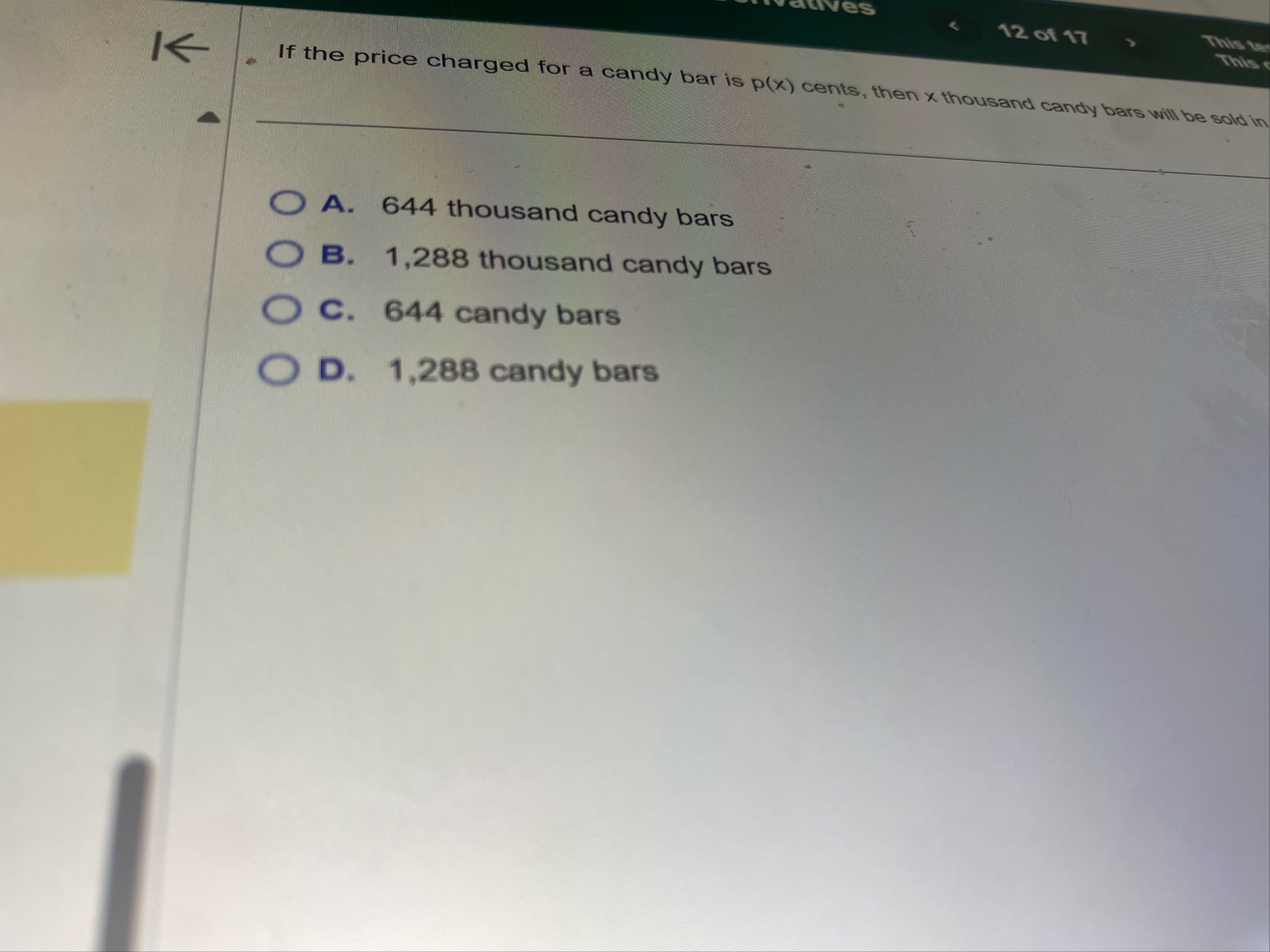 If the price charged for a candy bar is p ( x )