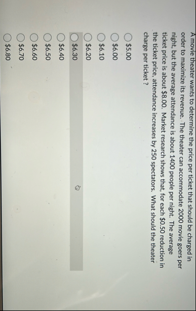 A movie theater wants to determine the price per