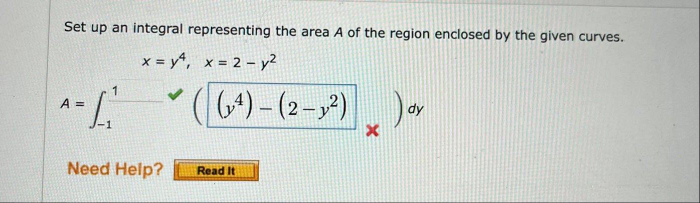 Set up an integral representing the area A of the