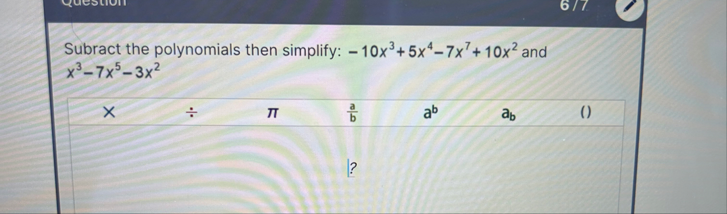 Subract the polynomials then simplify: - 1 0 x 3