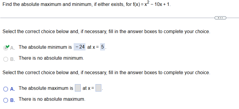 Find the absolute maximum and minimum, if either