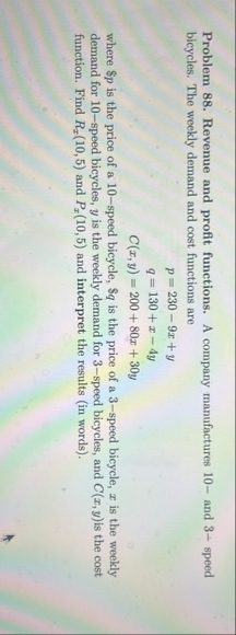 Problem 8 8 . Revenue and profit functions. A