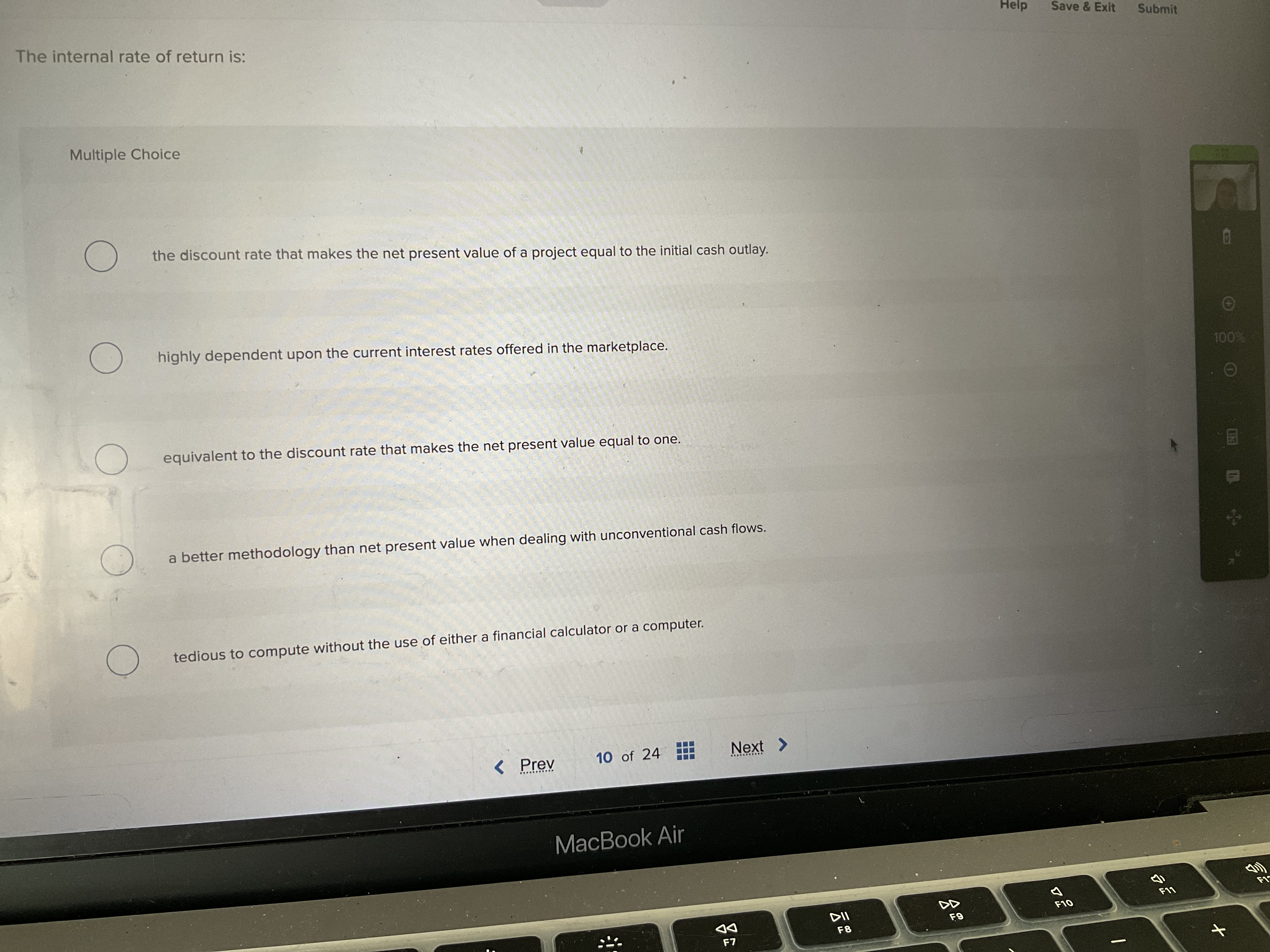 Help Save \ & Exit Submit The internal rate of