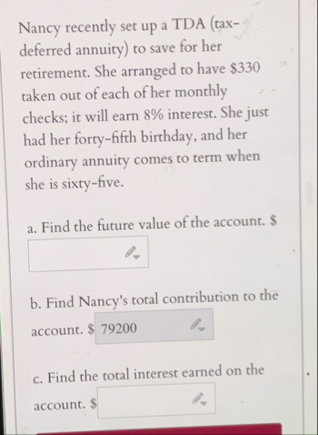 Nancy recently set up a TDA ( taxdeferred annuity