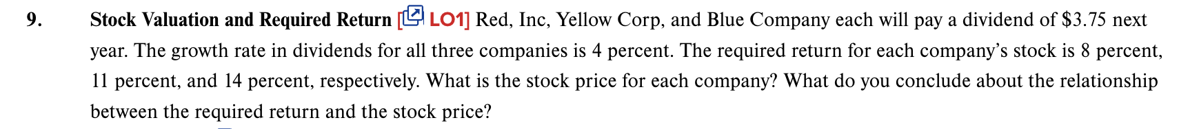9 . Stock Valuation and Required Return [ LO 1 ]