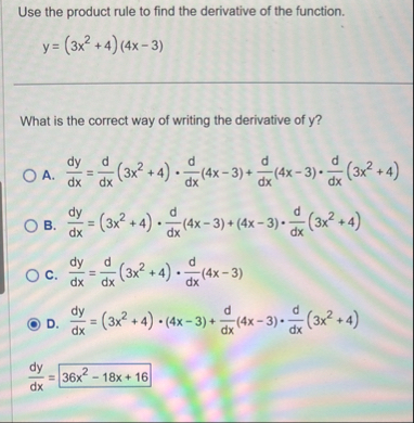 Use the product rule to find the derivative of