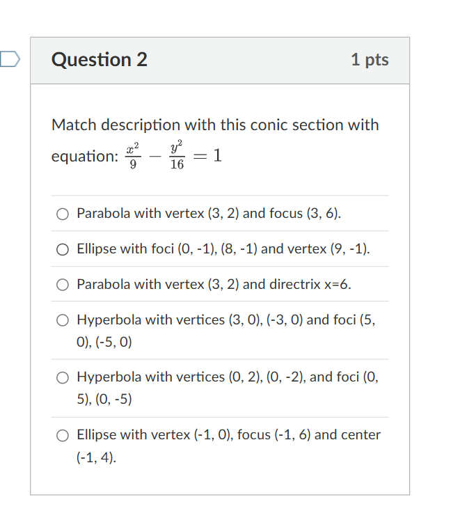 Question 2 Match description with this conic