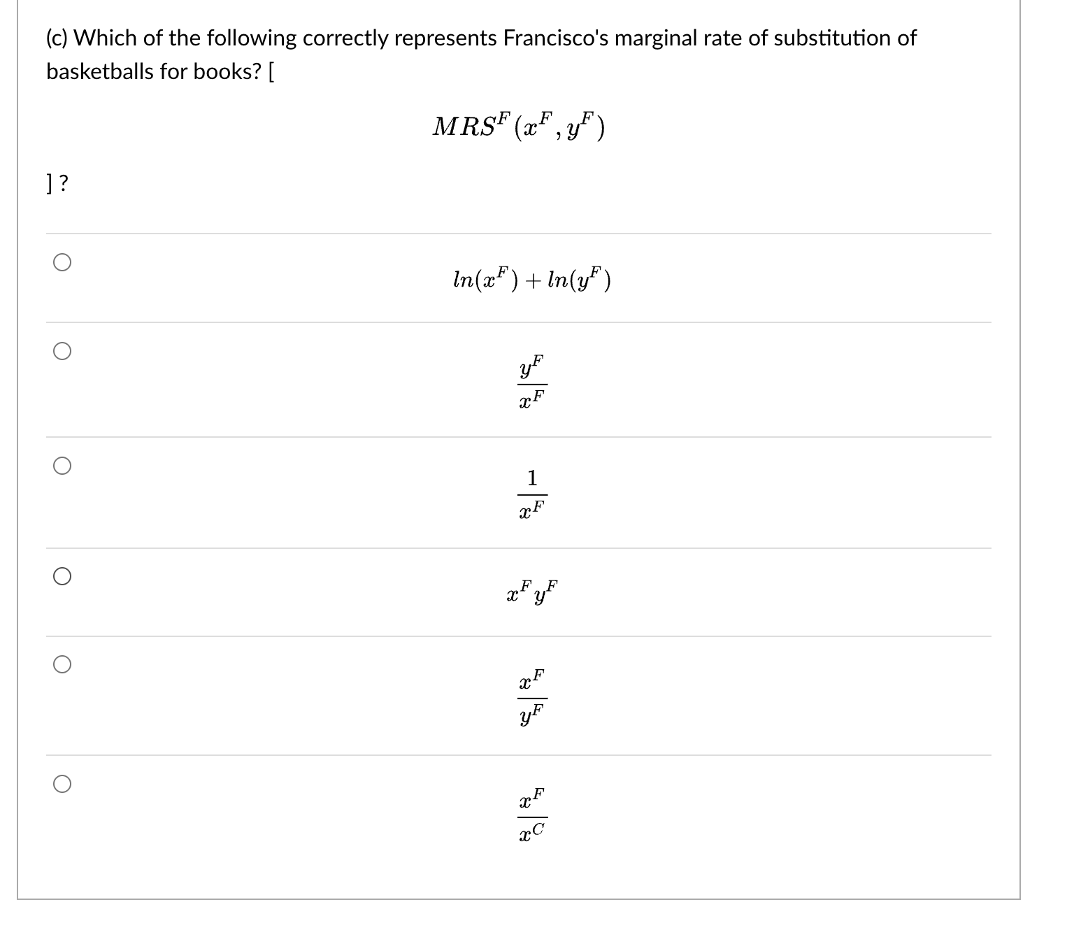 M R S F ( x F , y F ) l n ( x F ) + l n ( y F ) y