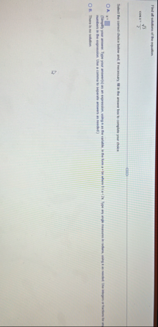 Find aft scilations of the equation. c o s x = 3