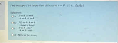 Find the slope of the tangent line of the curve r