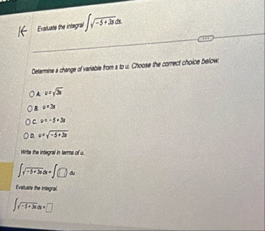 Evaluate the integral - 5 3 s 2 d s Delamine a