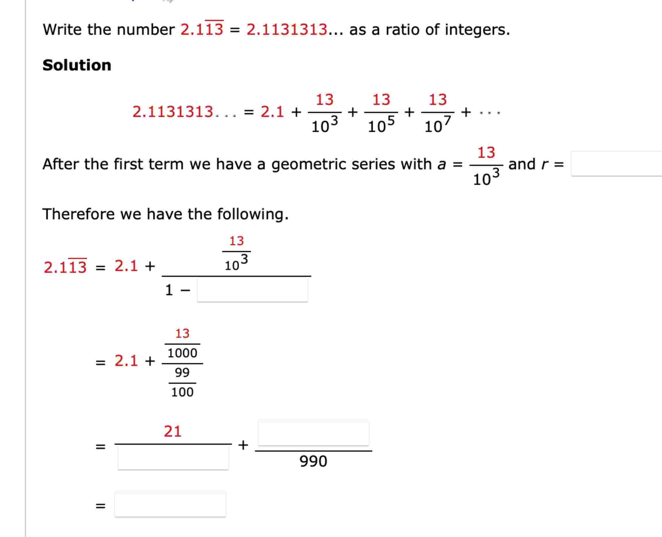 Write the number 2 . 1 b a r ( 1 3 ) = 2 . 1 1 3