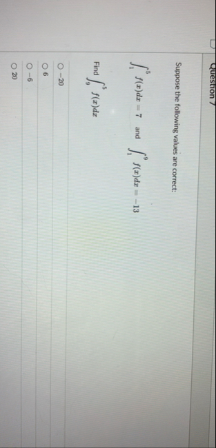 Question 7 Suppose the following values are